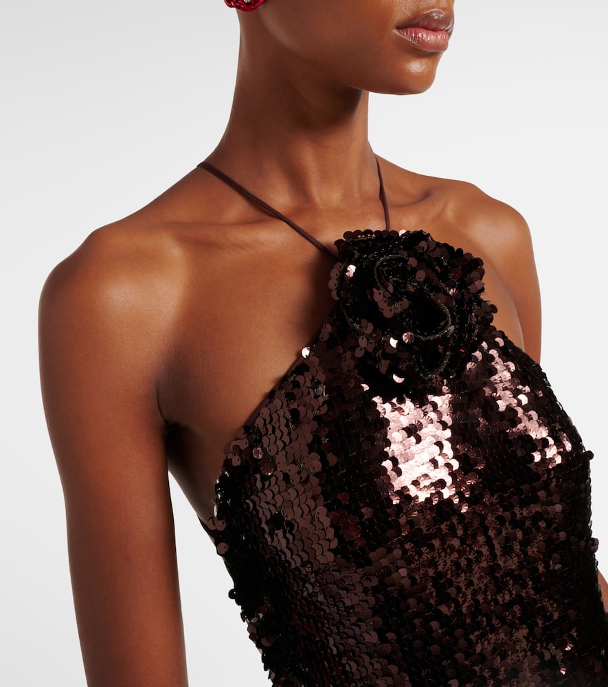 Floral-appliqué sequined gown