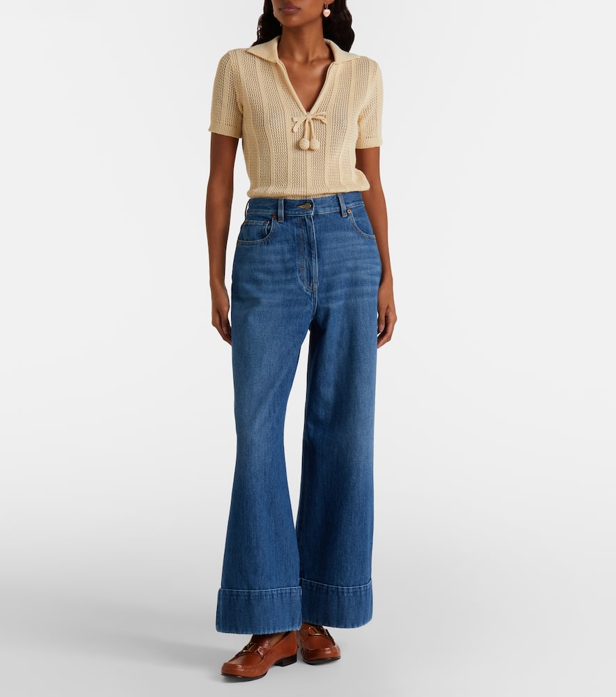 Leather-trimmed wide-leg jeans
