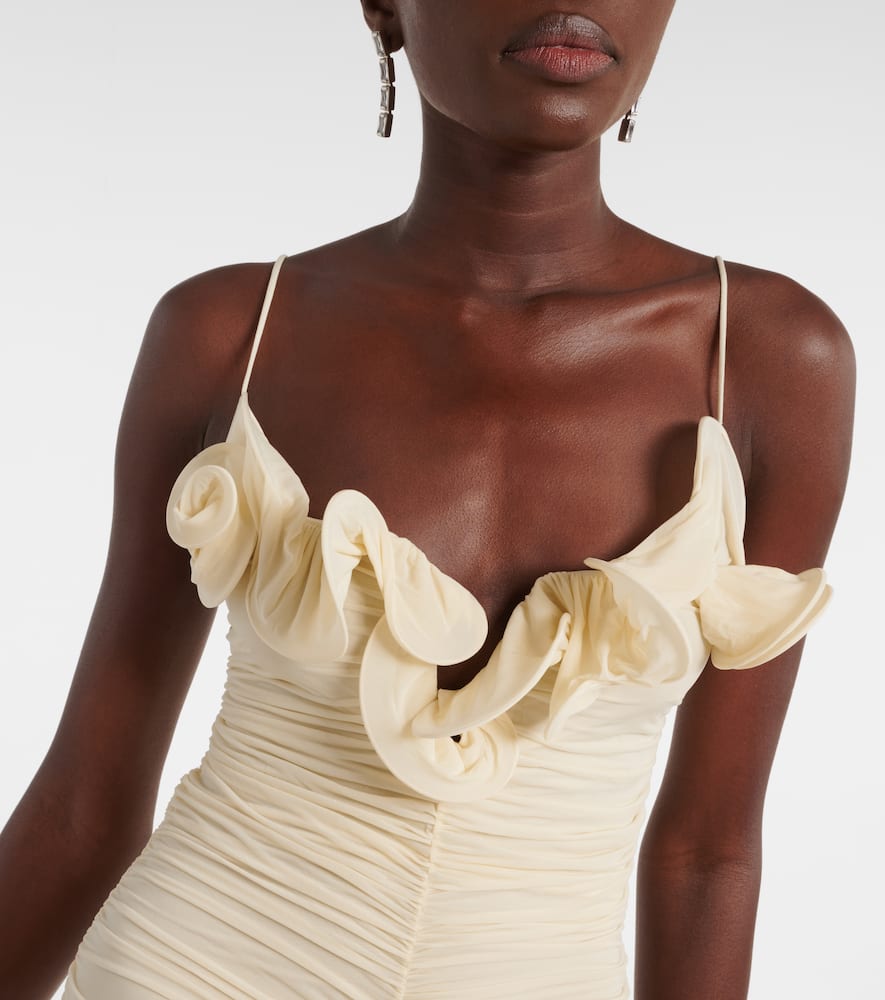 Semi-sheer ruched jersey midi dress