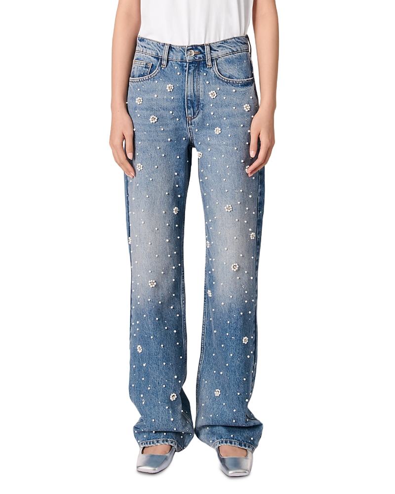 Faux pearl-embellished jeans - Blue