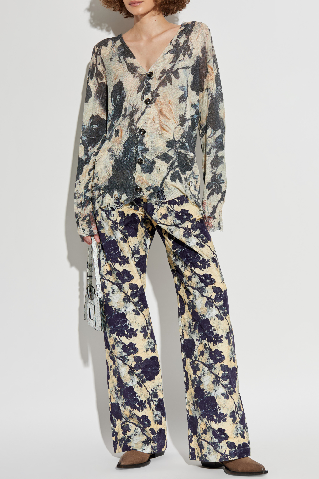 Floral Print Trousers, Women's, Cream