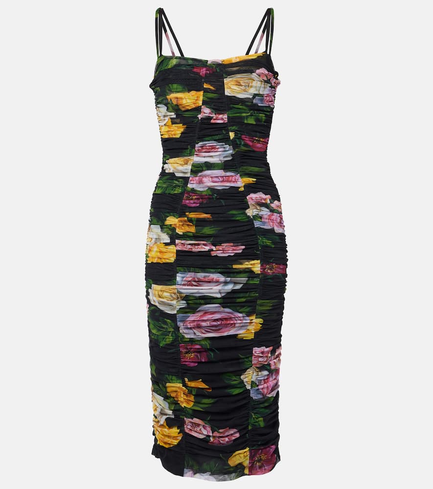 Floral ruched tulle midi dress