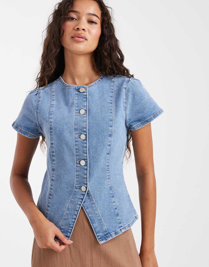 Short sleeve denim asym top in blue wash