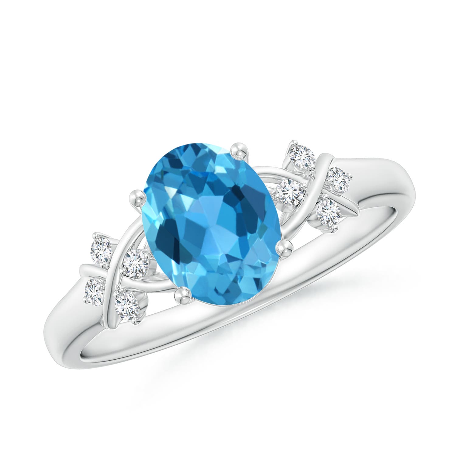 Angara 1.5 Carats Solitaire Oval Swiss Blue Topaz Criss Cross Ring with Diamonds in Platinum