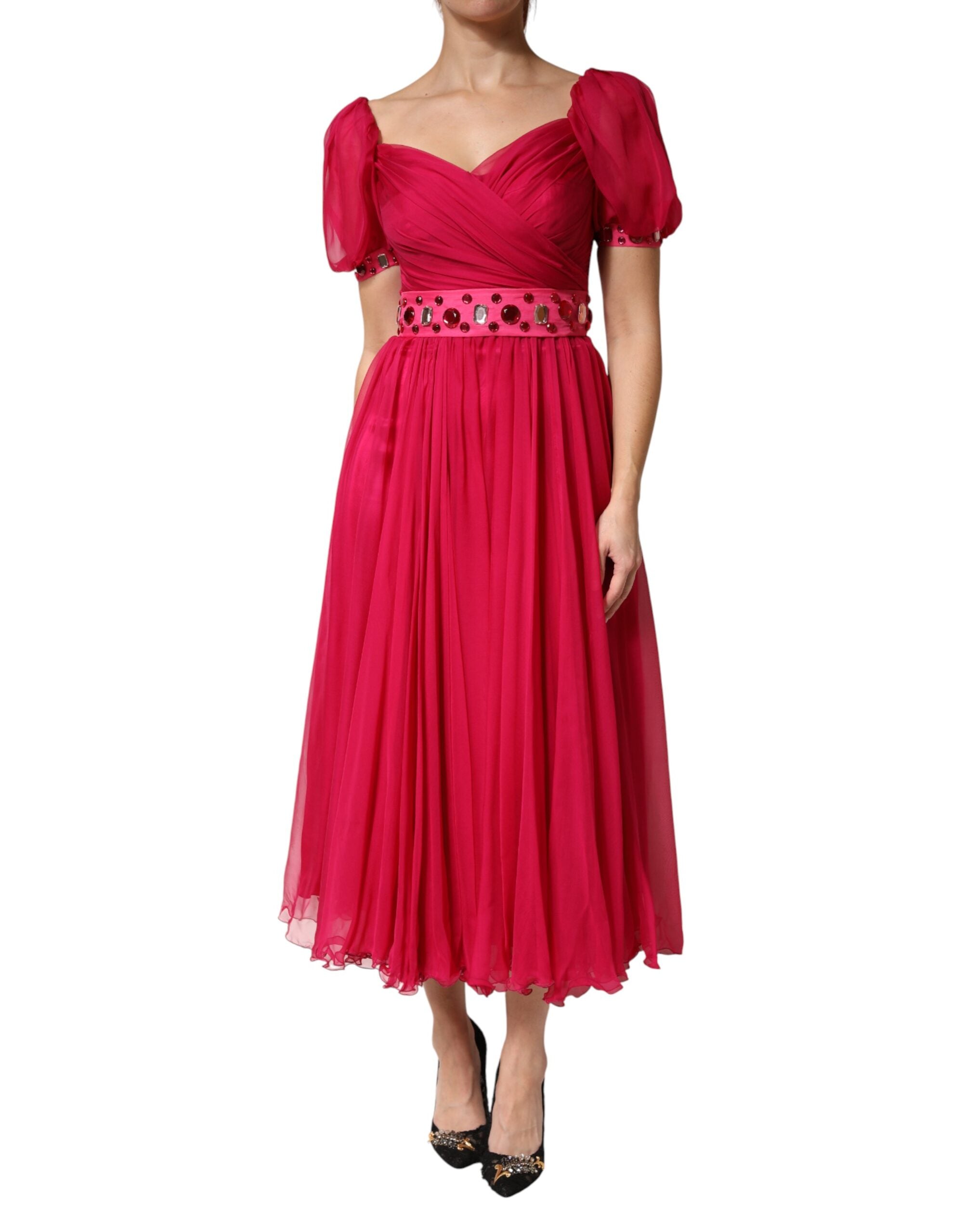 Silk Embellished A-Line Midi Dress — Red