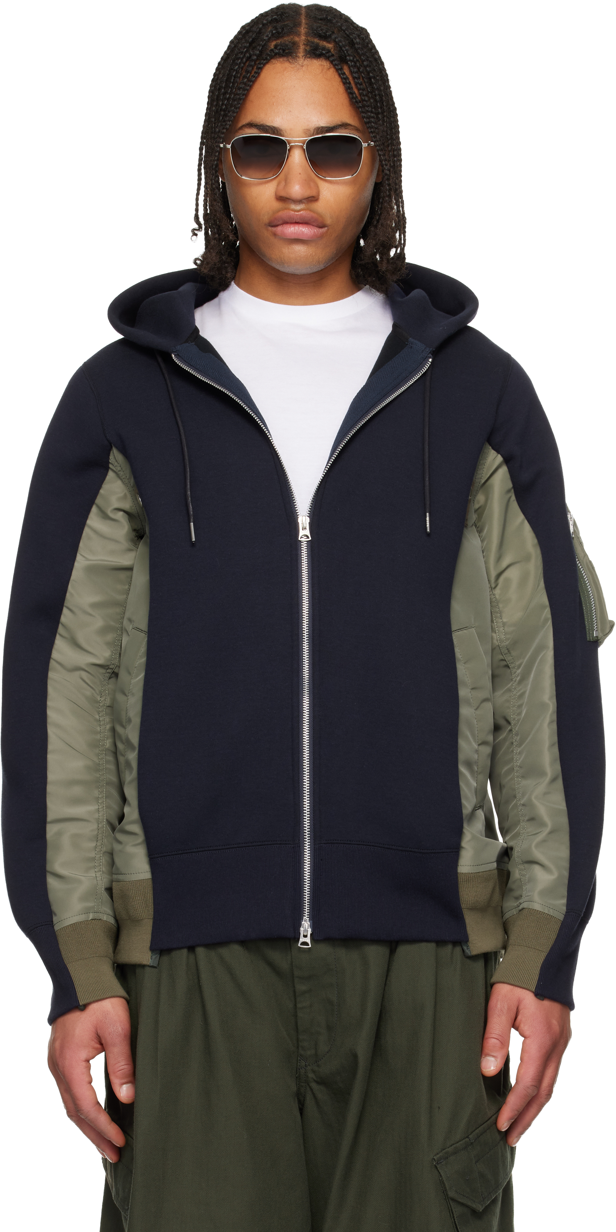 Navy & Khaki Sponge Sweat & Nylon Twill Hoodie