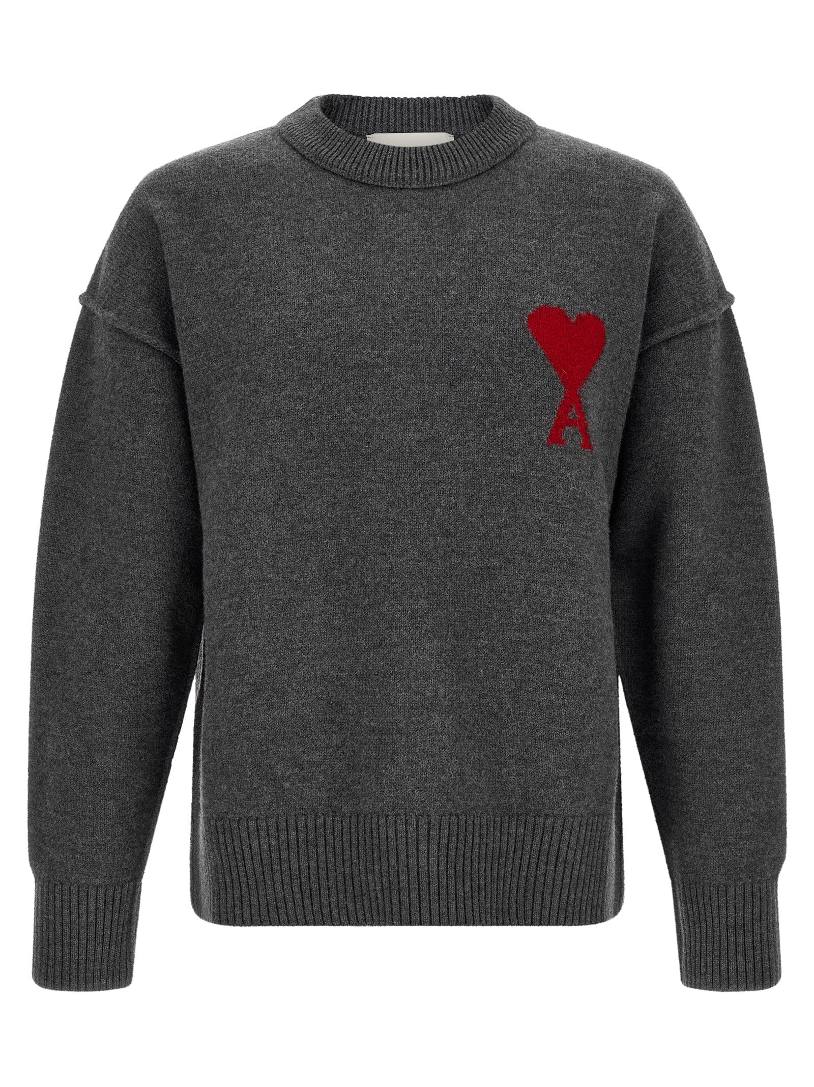Wool Crewneck with Logo Intarsia Sweater — Gray
