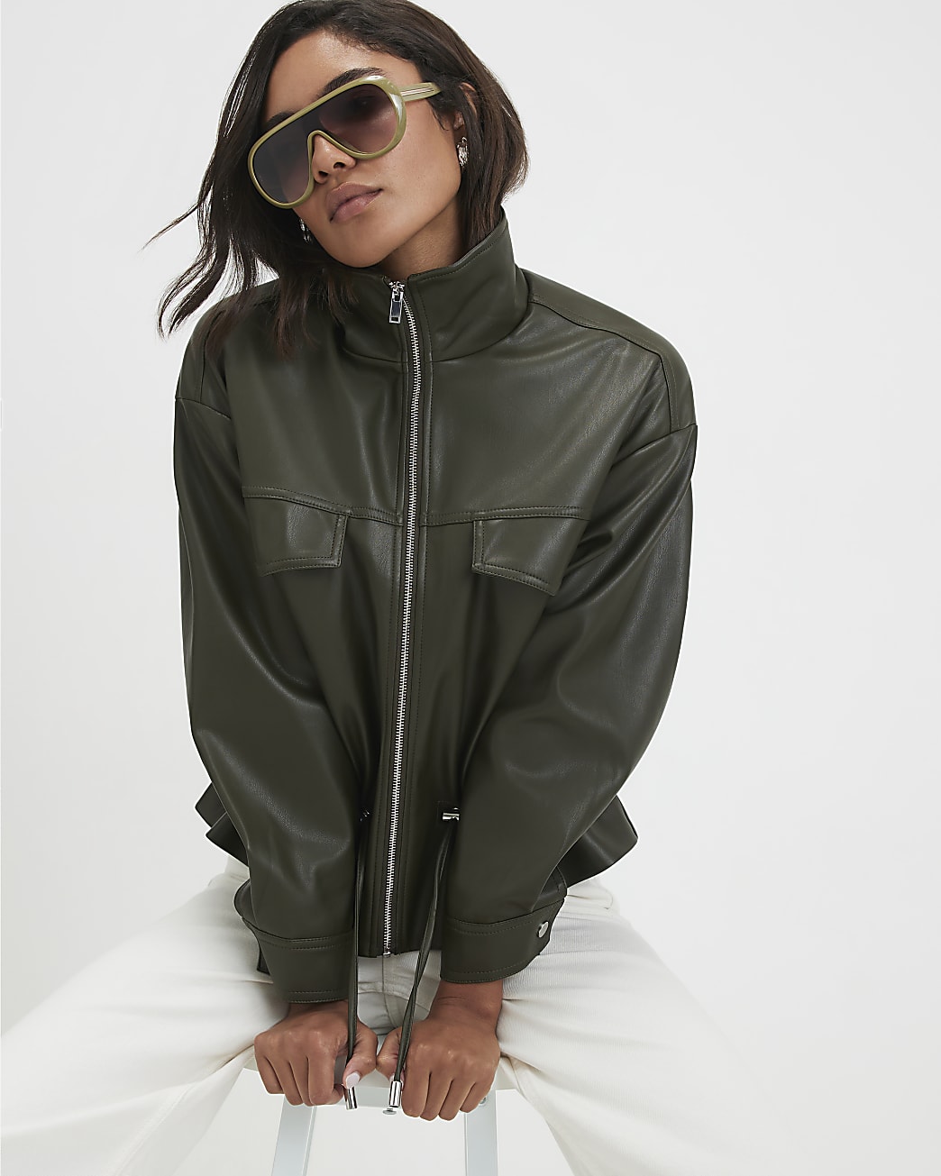 River Island Womens Jacket Khaki Faux Leather Drawstring Funne