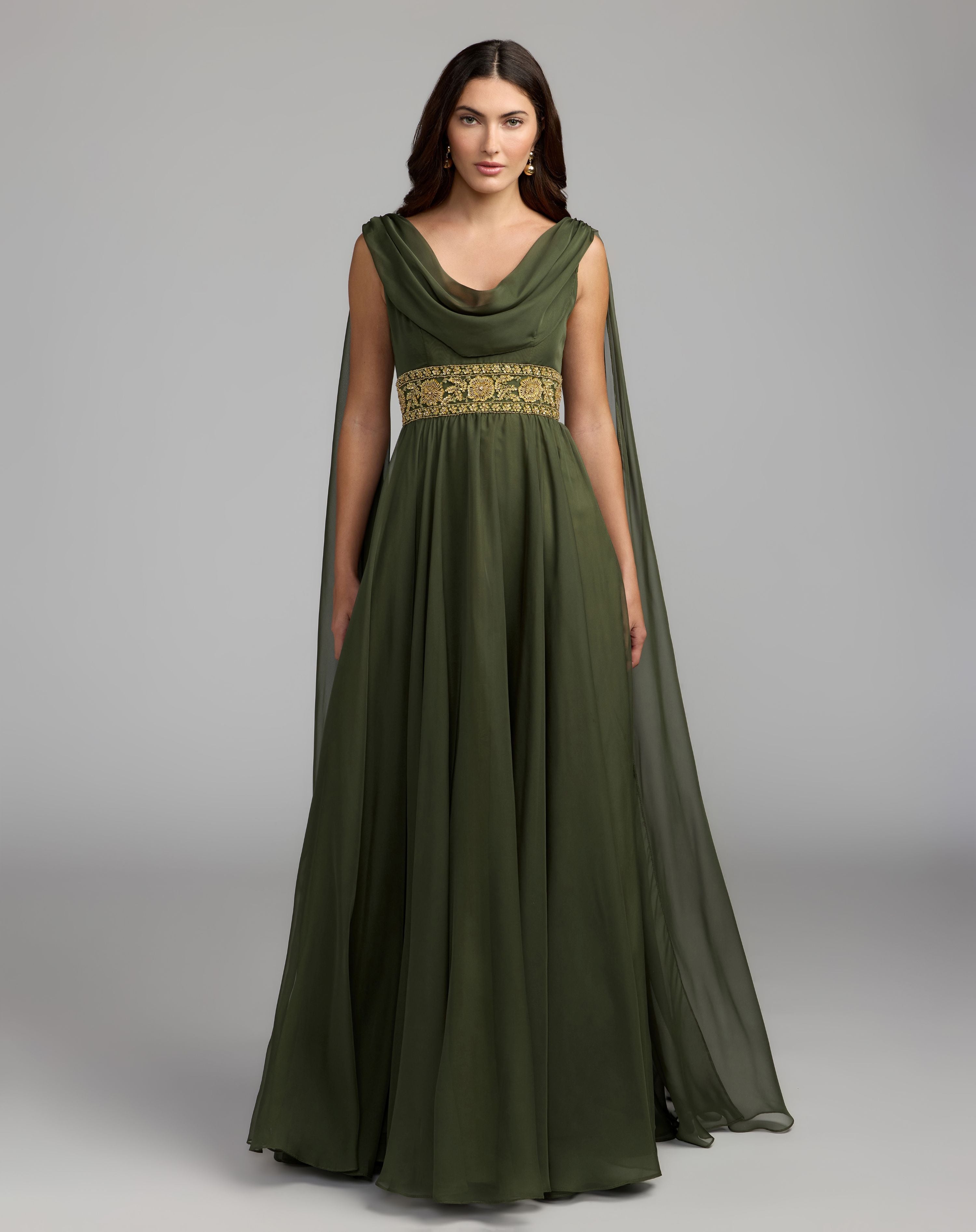 Olive Cowl Chiffon Gown With Embellished Waist