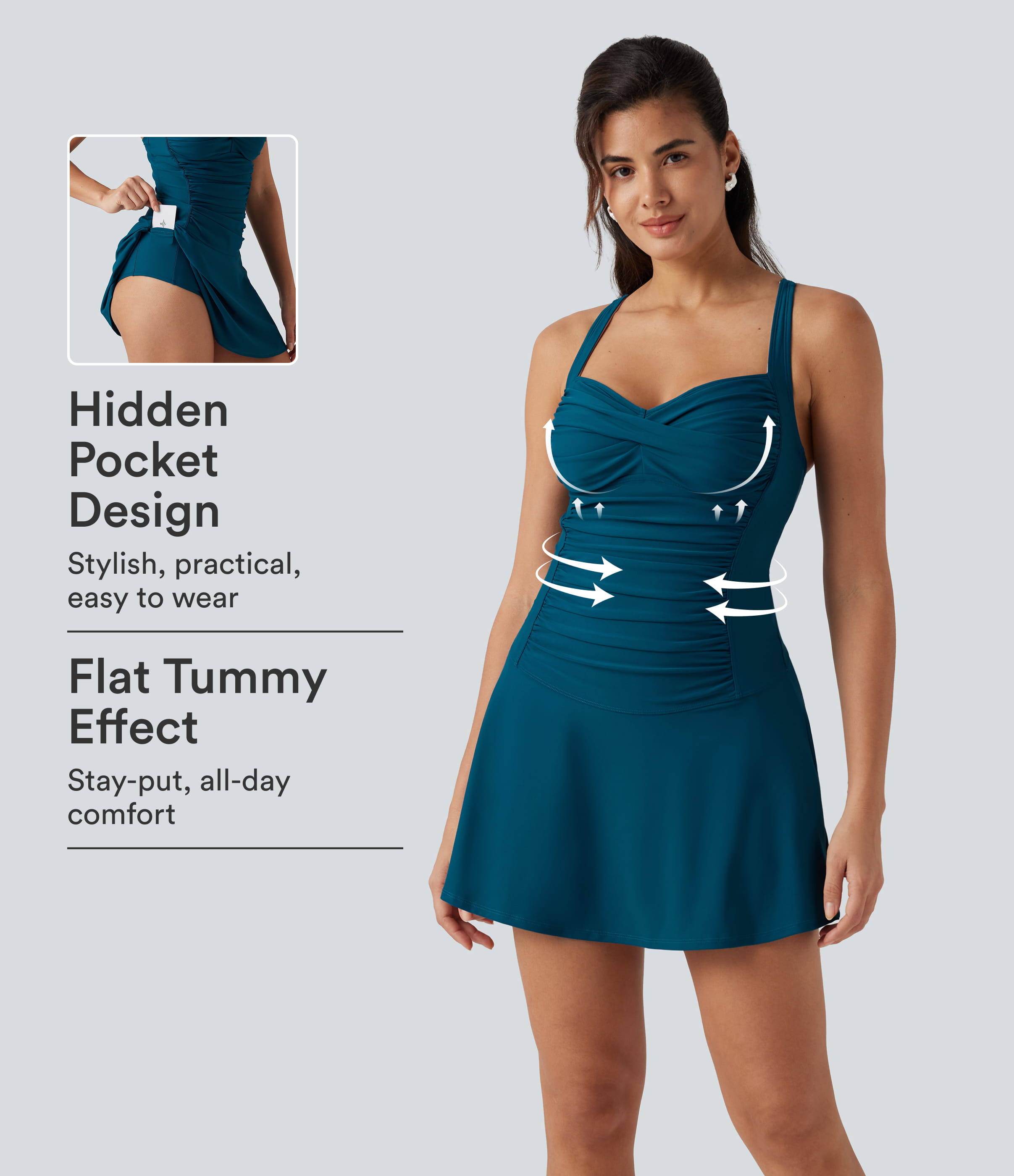 Queen Anne Neck Adjustable Straps Twisted Ruched 2-in-1 Built-in Bra Push-Up Tummy Control Swim Dress with Pockets  - Sailor Blue