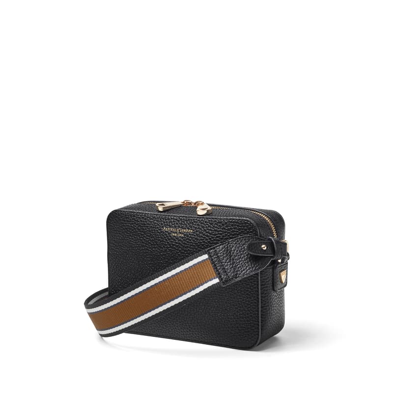 The Camera Crossbody Bag in Black Pebble with Webbing Strap