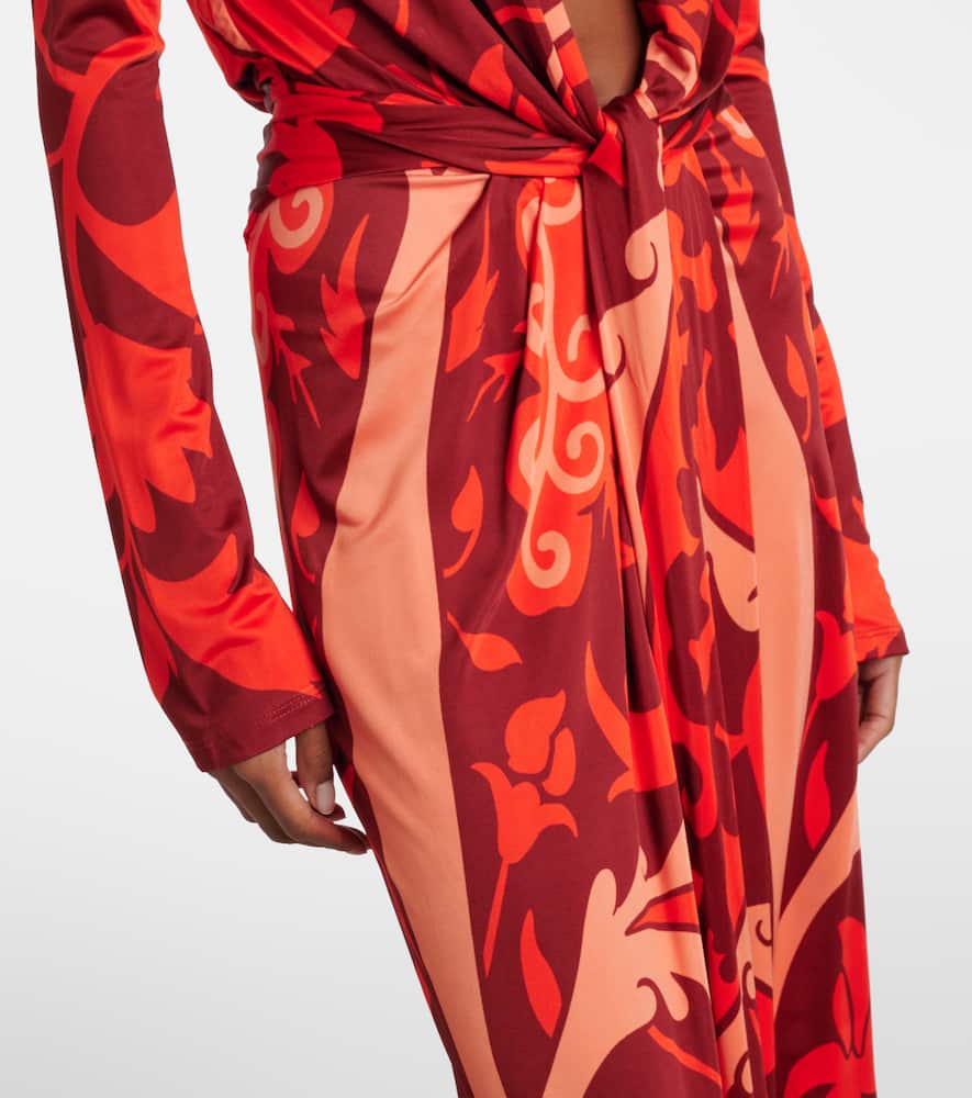 Gathered printed jersey midi dress