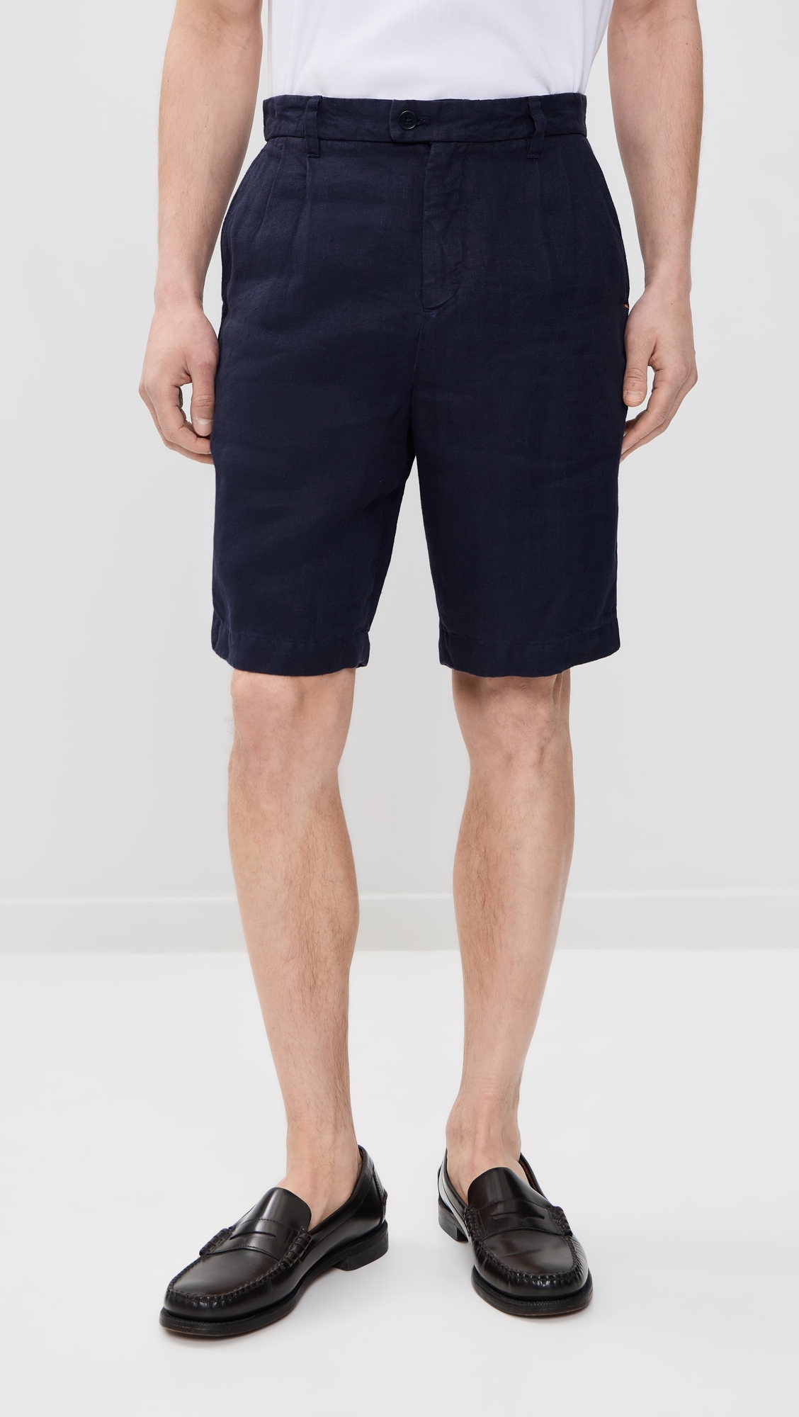 Linen Double Pleated Shorts Navy