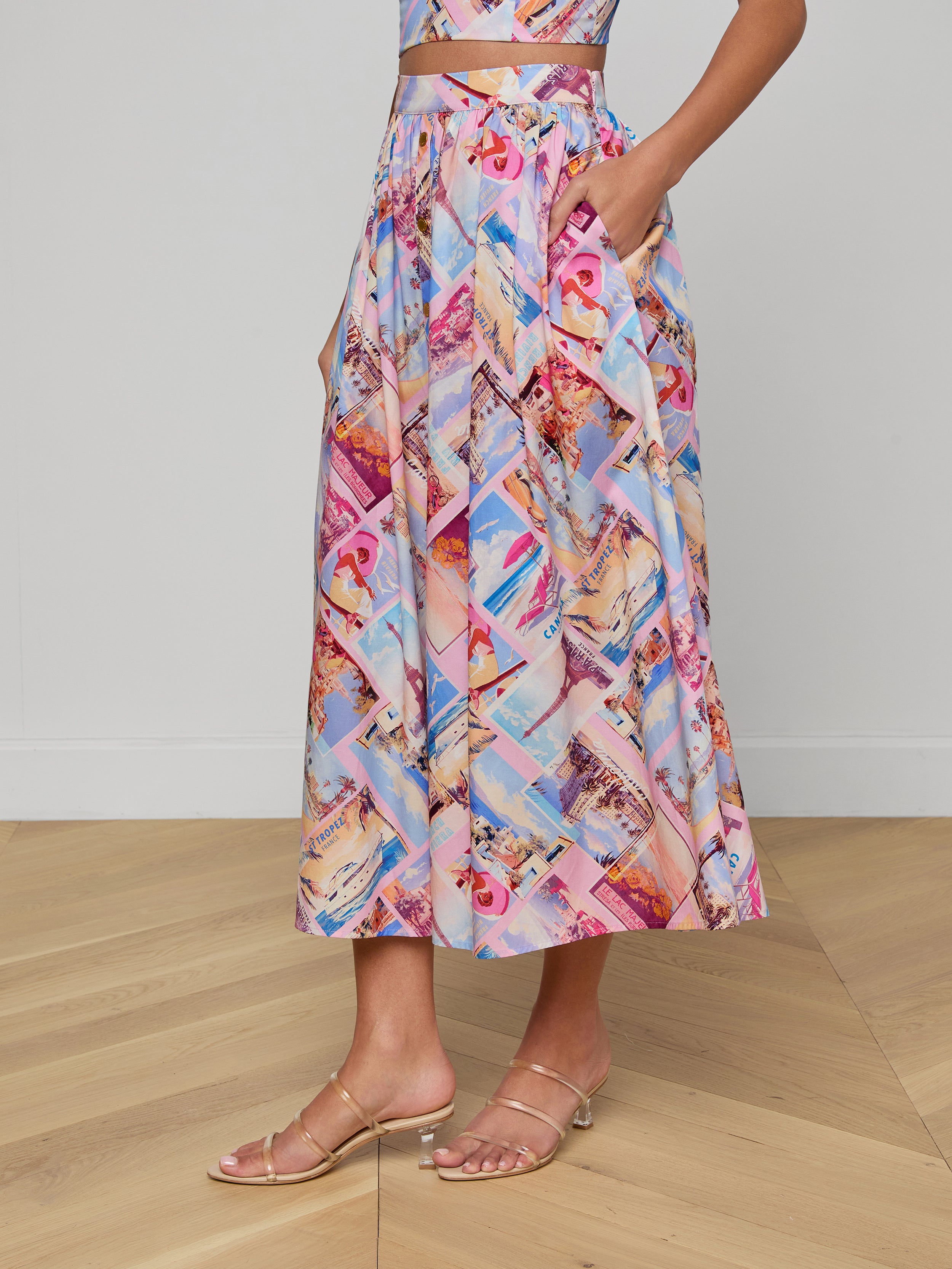 Seina Poplin Midi Skirt In Light Pink Multi Small Postcard Print