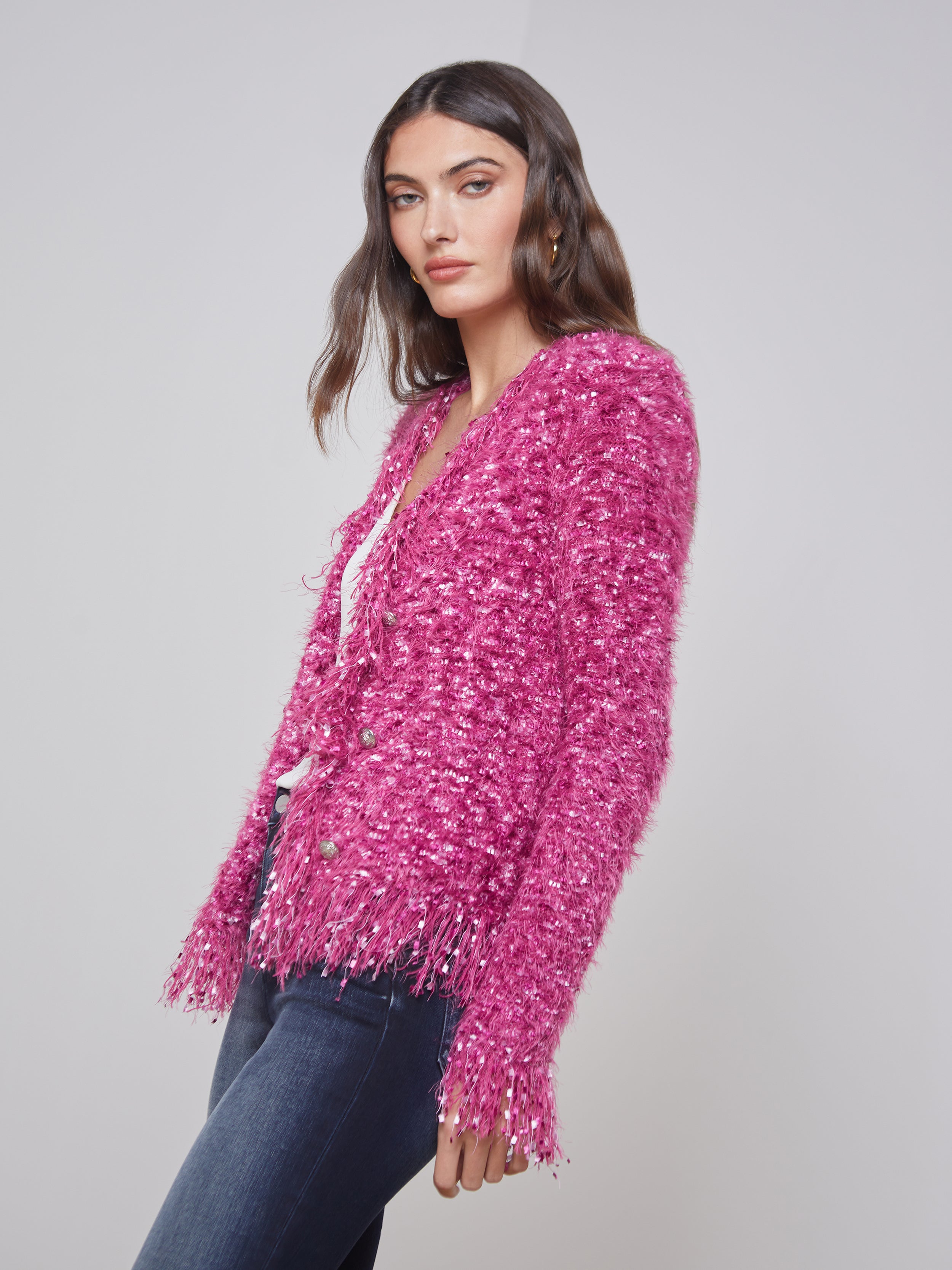 Azure Fringe Cardigan Blazer In Pink