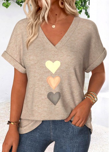 Modlily Light Camel Tummy Coverage Heart Print T Shirt