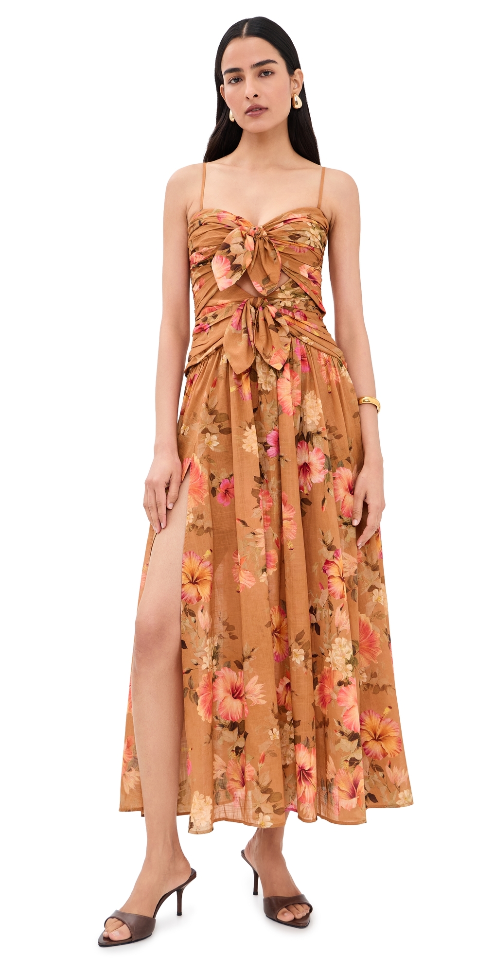 Mahon Tie Front Midi Dress Tan Hibiscus
