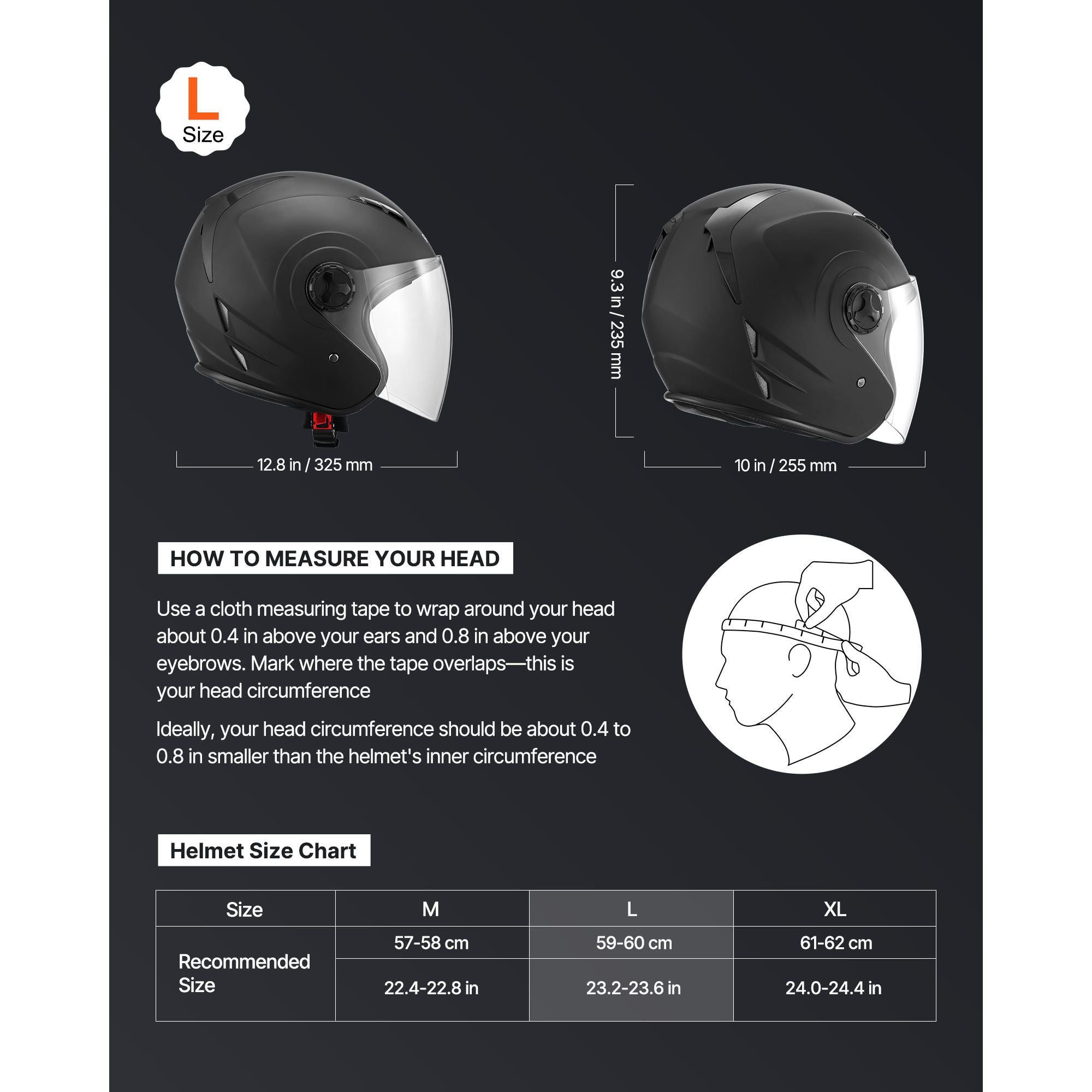 Motorcycle Helmet, 3/4 Open Face, Adult Motocross Dirt Bike Helmet with Clear Visor, Comfortable Motorbike Racing Street with Detachable Liner for Men & Women, DOT Approved, (Matte Black, L)