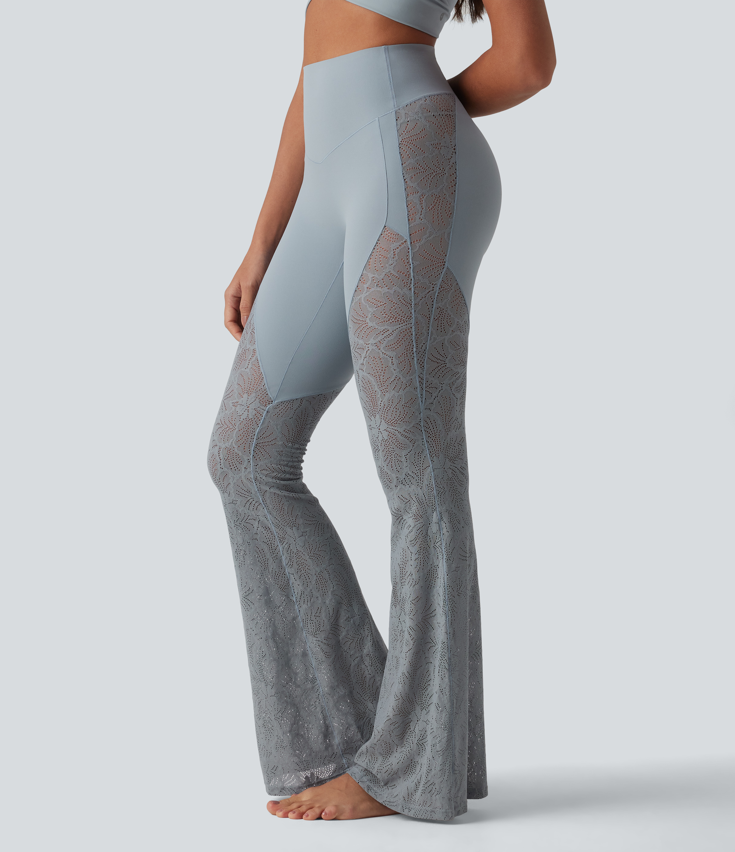 UltraSculpt™ High Waisted Tummy Control Contrast Lace Yoga Flare Leggings with Pocket  - Blue Flower Gray