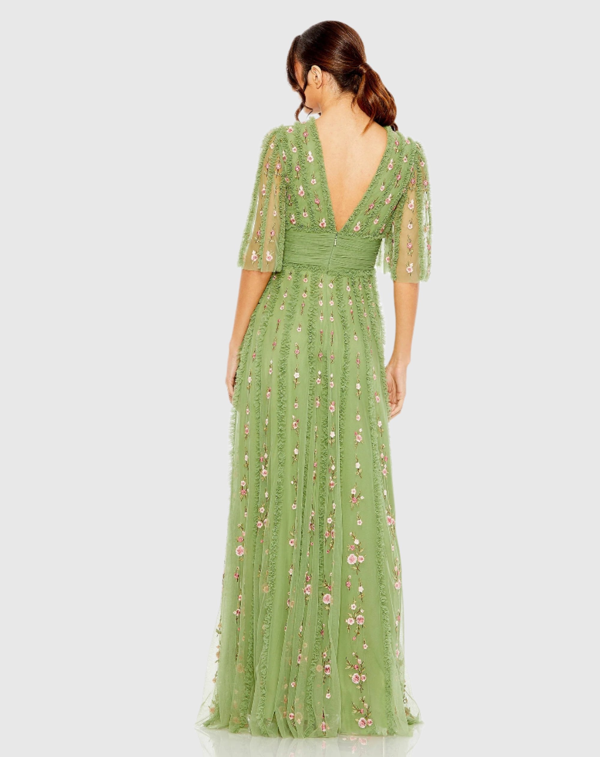 Floral V-Neck Ruffle Detail Empire Waist Wedding Guest Maxi Gown In Light Pink Multi