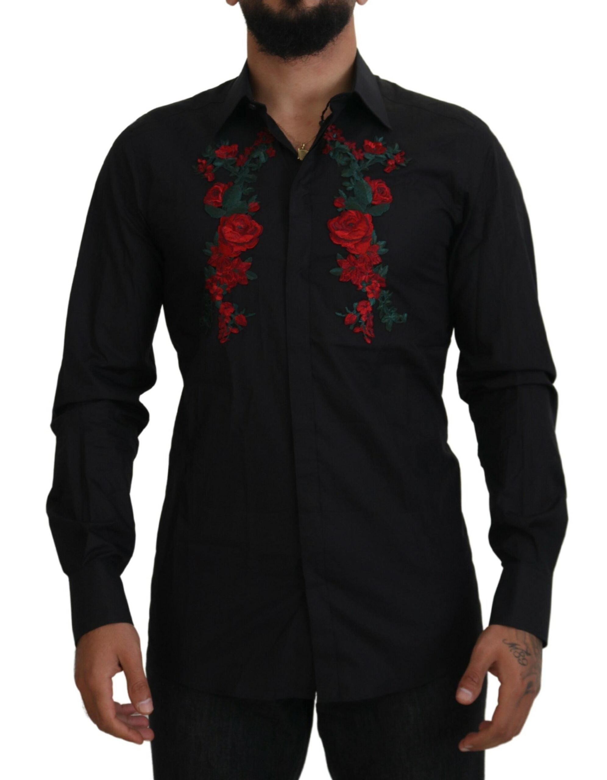 Rose-Embroidered Cotton Shirt — Black