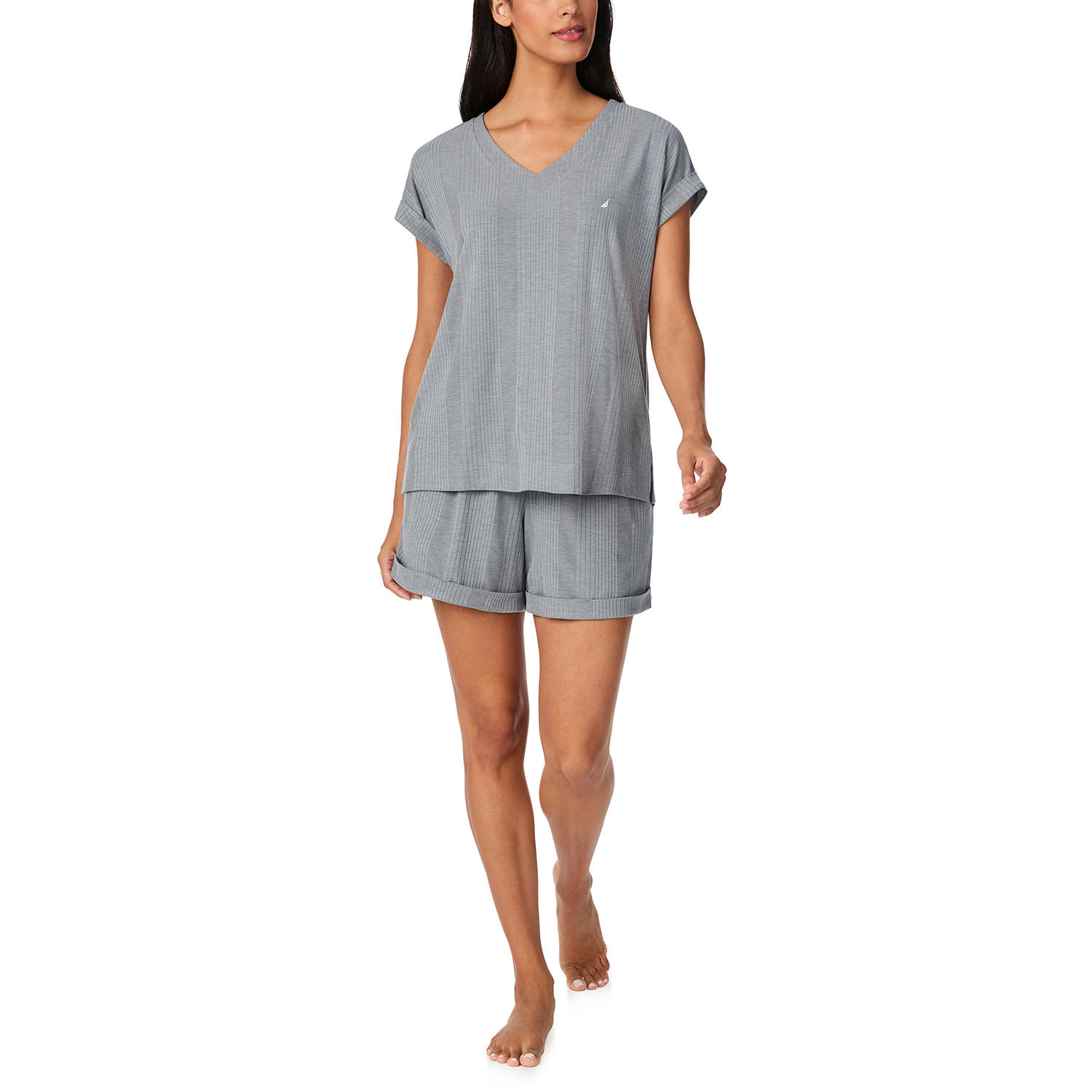 2-Piece Short Sleeve Top and Pant PJ Set:- Grey