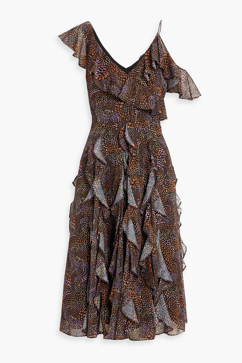 Ruffled metallic printed crepe de chine midi dress - Orange - US 12