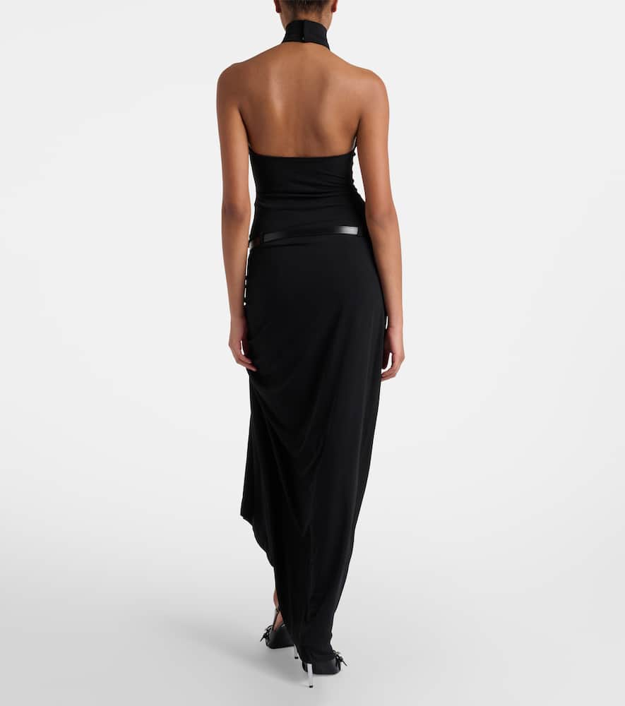 Belted asymmetric draped halterneck maxi dress