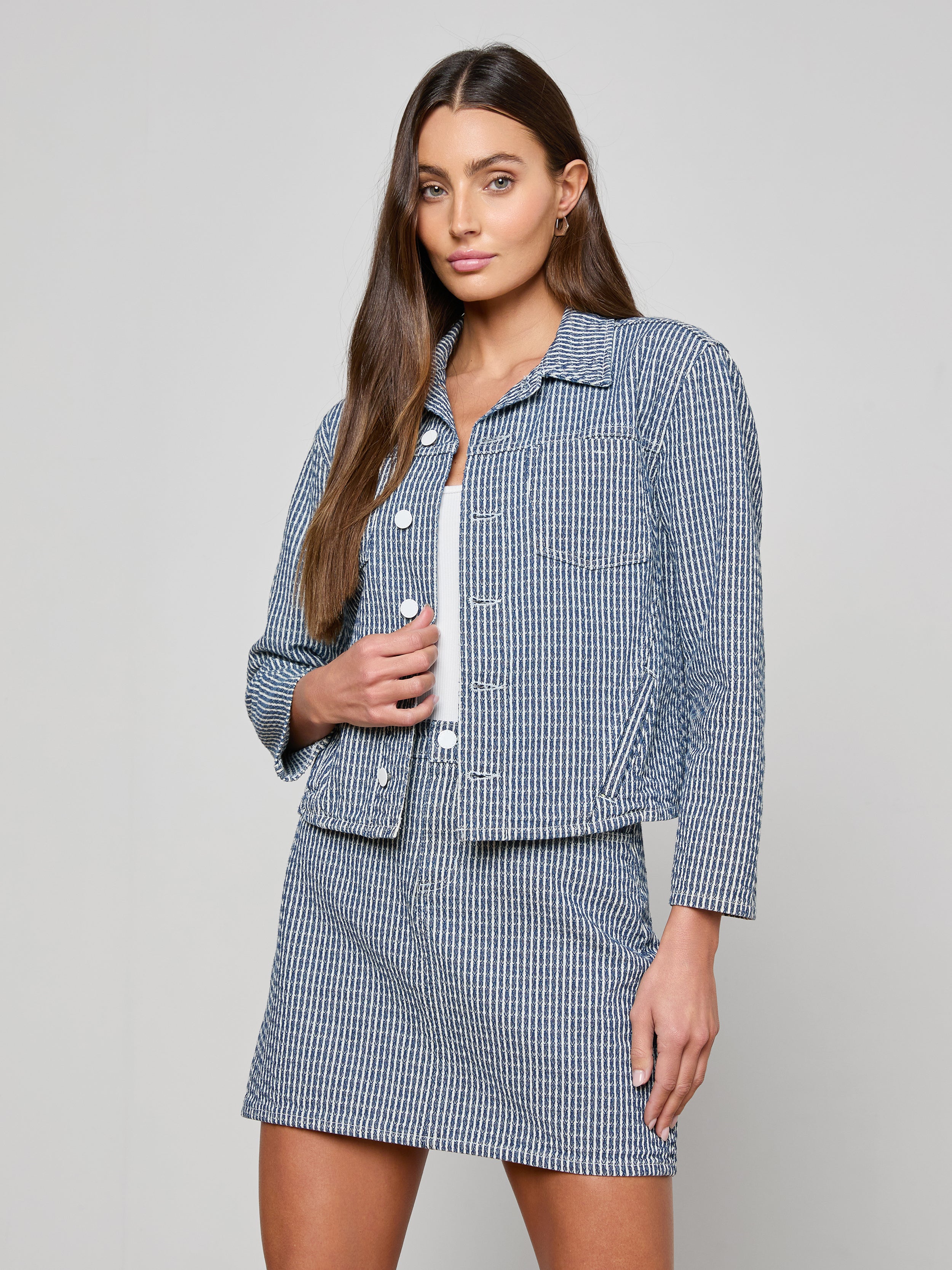 Nelly Cropped Jean Jacket In Vista Blue Stripe