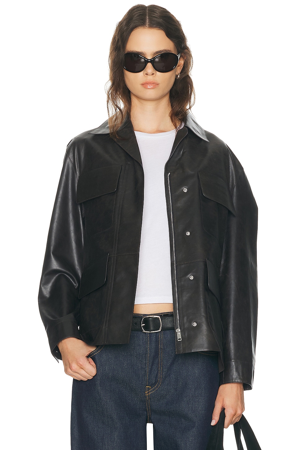 GRLFRND Dara Leather Jacket in Chocolate. - L also in S, XXS, XS