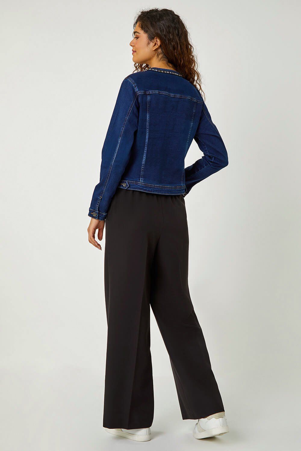 Roman Women's Collarless Tape Stretch Denim Jacket in Indigo