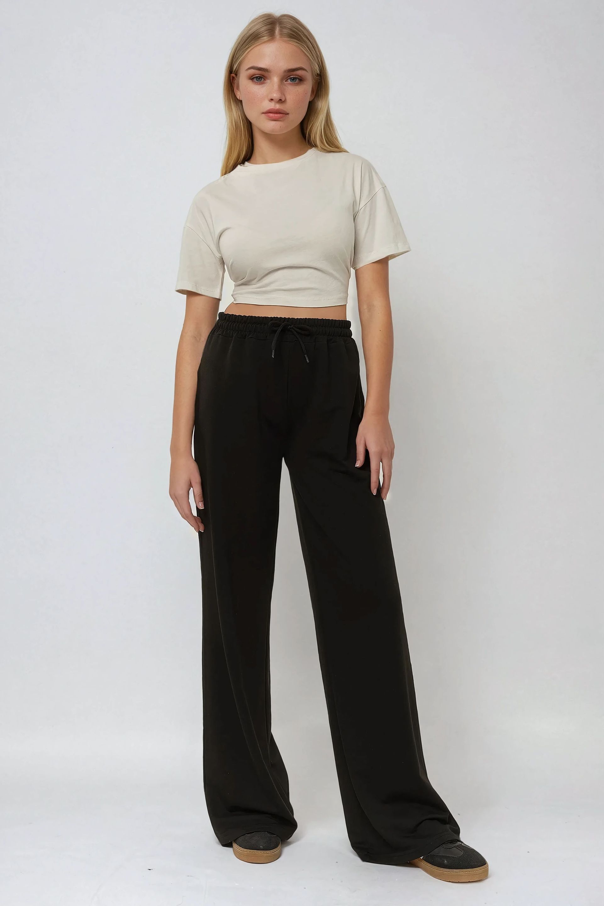 Black Wide Leg Elastic Sweatpants Women