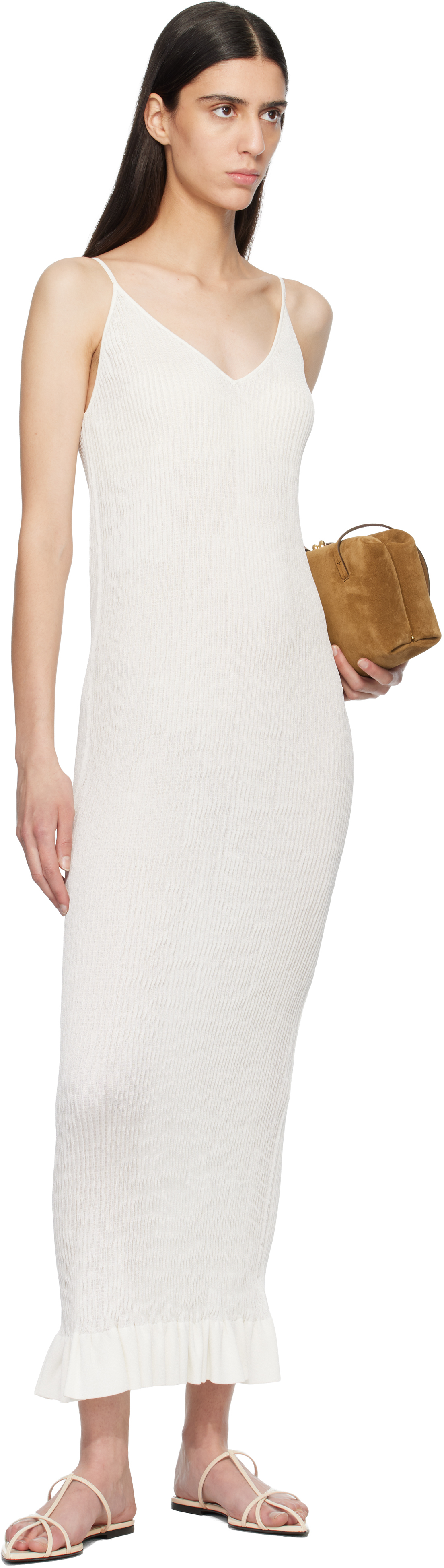 Off-White Smocked Fine Rib Frill Detail Maxi Dress