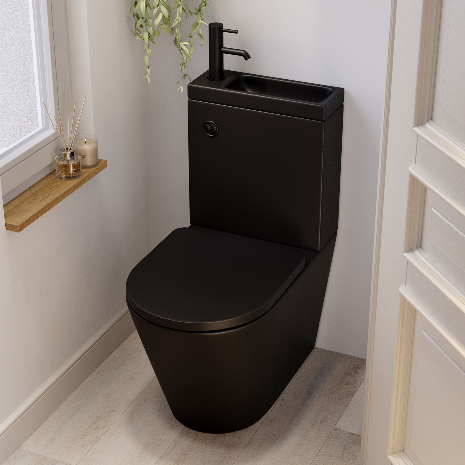 Matt Black Close Coupled Closed Back Toilet with Black Fittings & Sink on Top - Legend