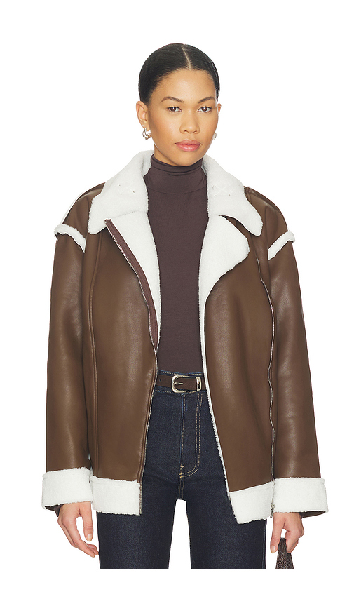 SNDYS London Oversized Biker Jacket in Brown in Chocolate. L. Also in M, S, XL