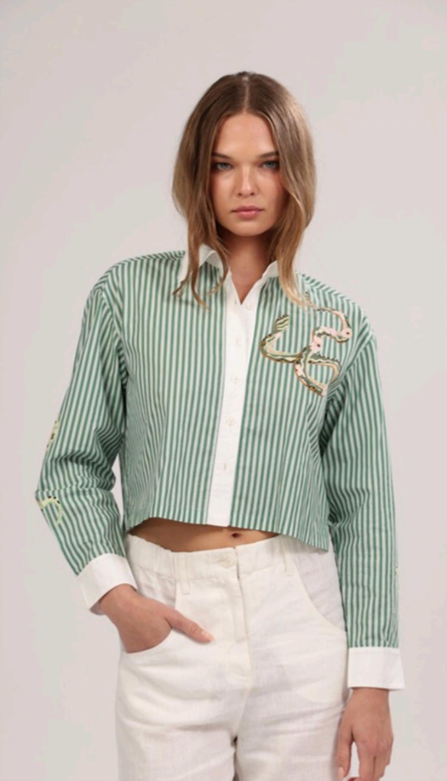 Poplin Striped Snake Top In Green