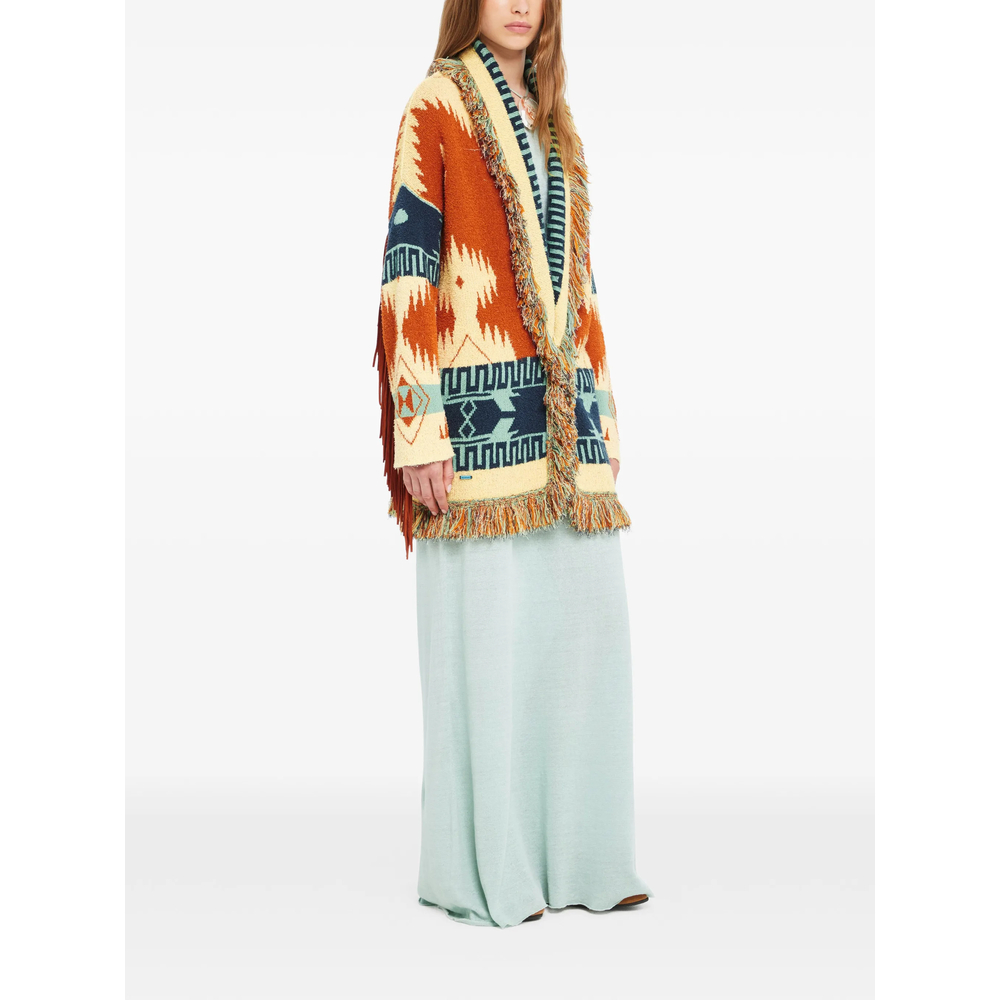 Golden Dusk Geometric-pattern Fringed Cardi-coat