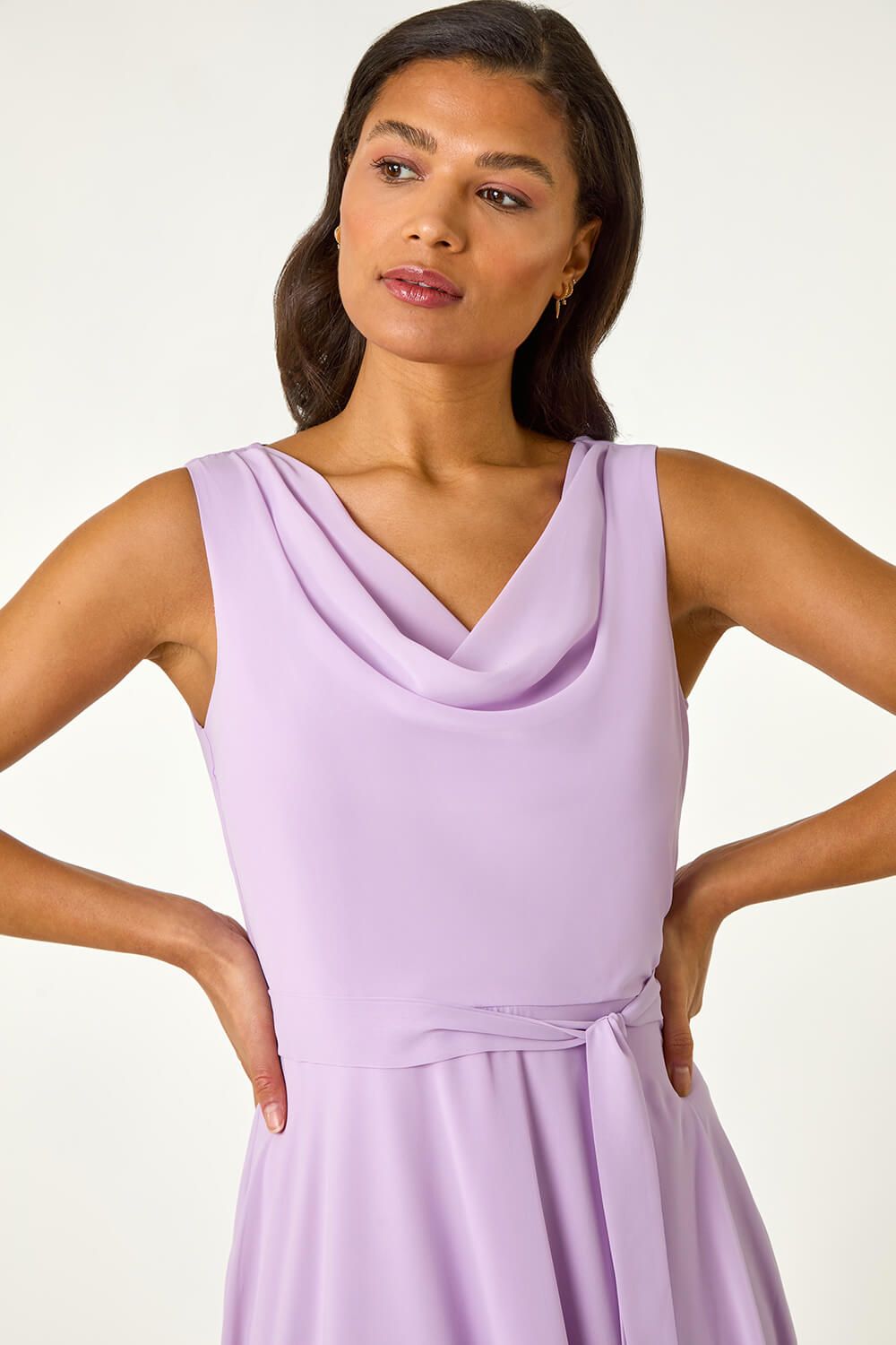 Roman Women's Cowl Neck Tie Waist Dress in Lilac