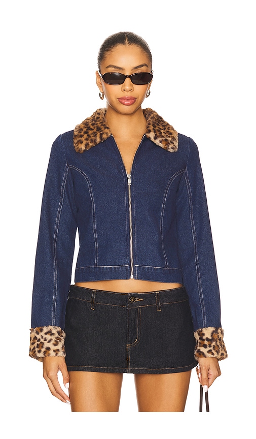 Central Park West Gia Denim And Faux Fur Jacket in Blue.  XS. Also in L