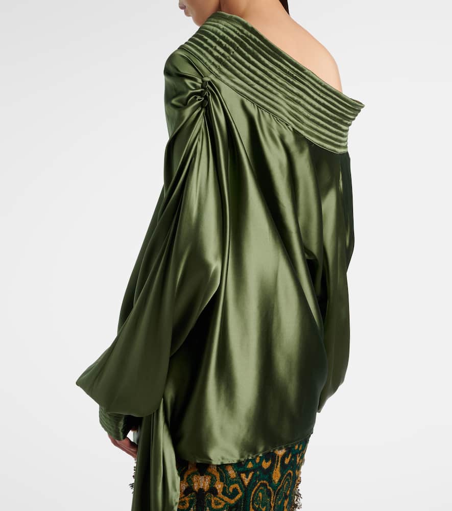 Asymmetric draped silk-blend satin top