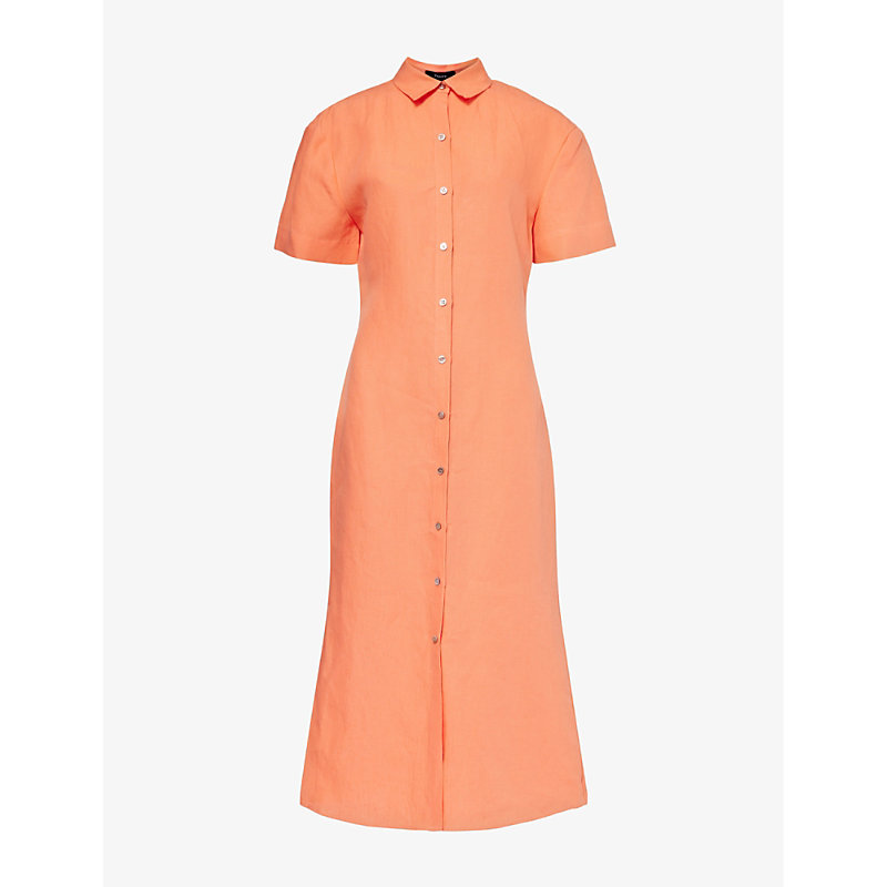 Womens Bright Coral Collar Linen Midi Dress
