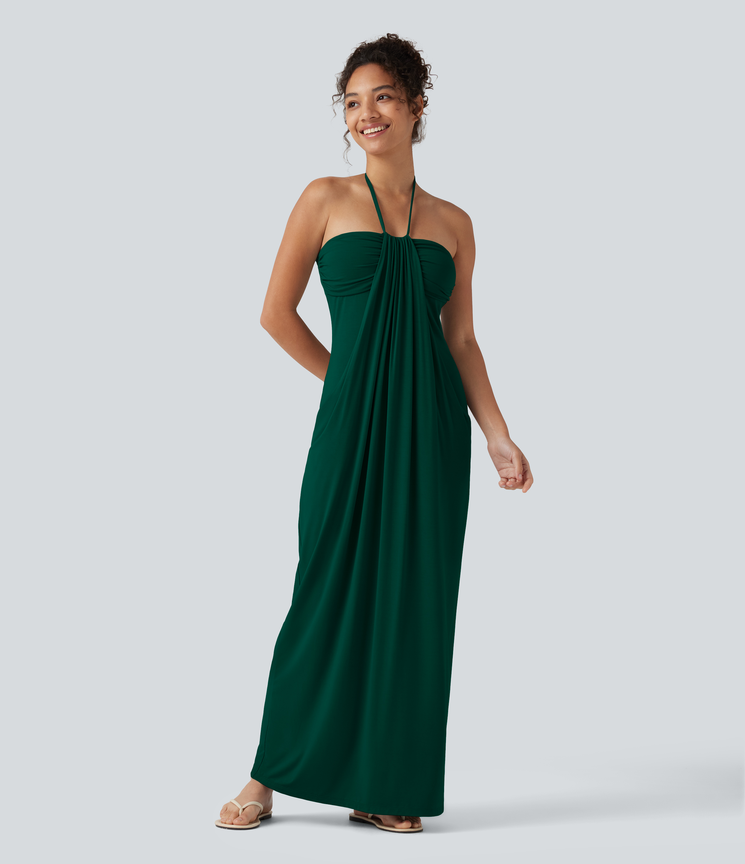 Halter Tie Back Built-in Bra Maxi Dress with Pockets Casual Dress - Emerald Green