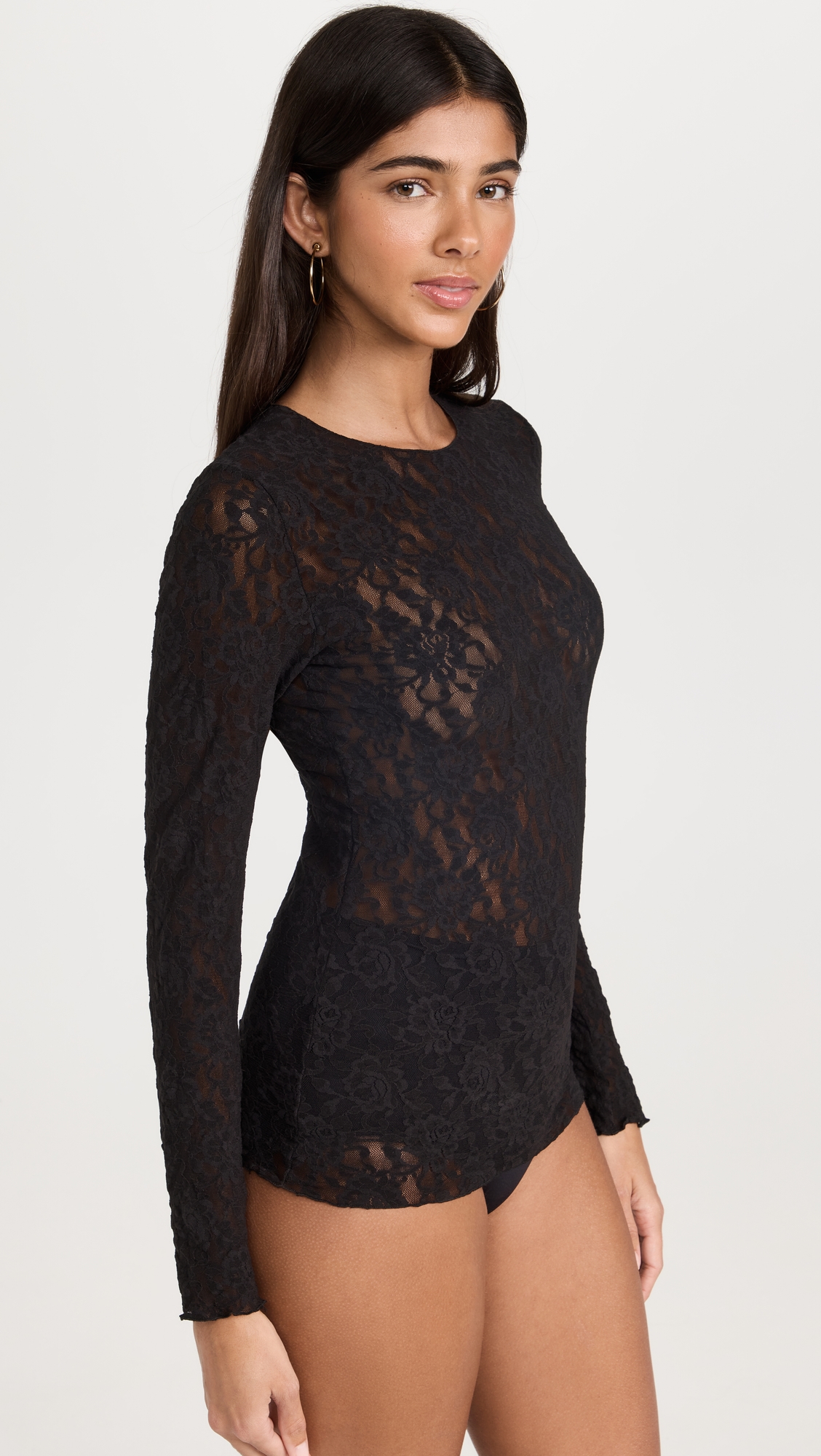 Signature Lace Unlined Long Sleeve Top Black
