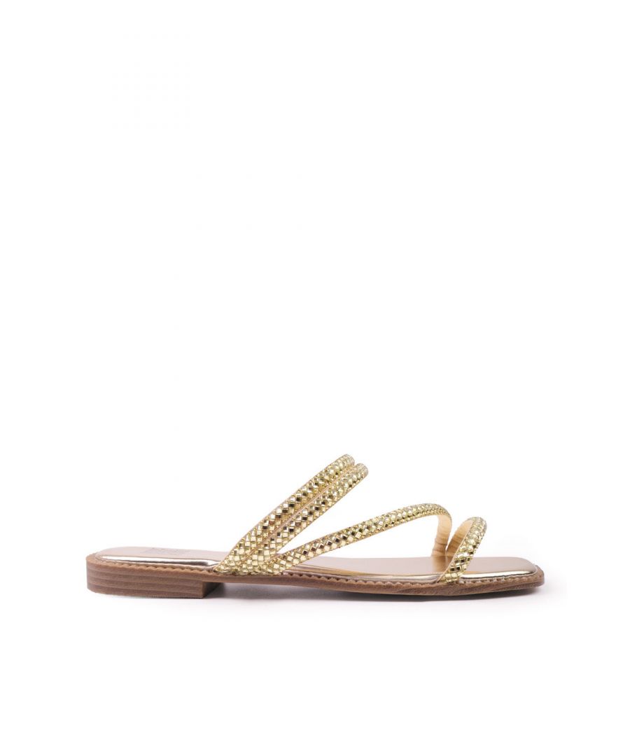 Where's That From Womens 'Dream' Strappy Flat Slider Sandals With Diamante Detail - Gold