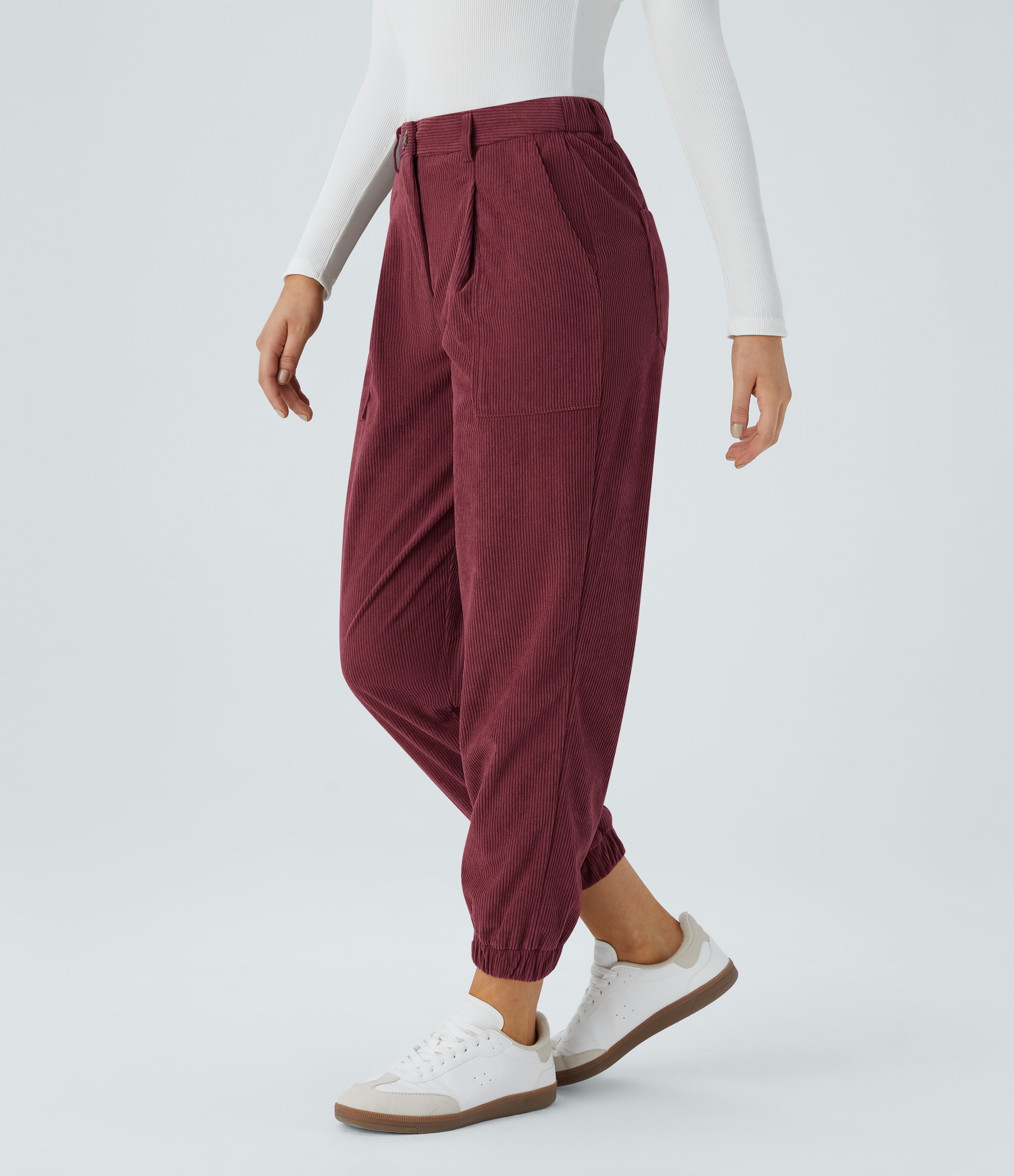 Halara Mid Rise Zipper Pockets Corduroy Casual Joggers - Pomegranate - XLregular