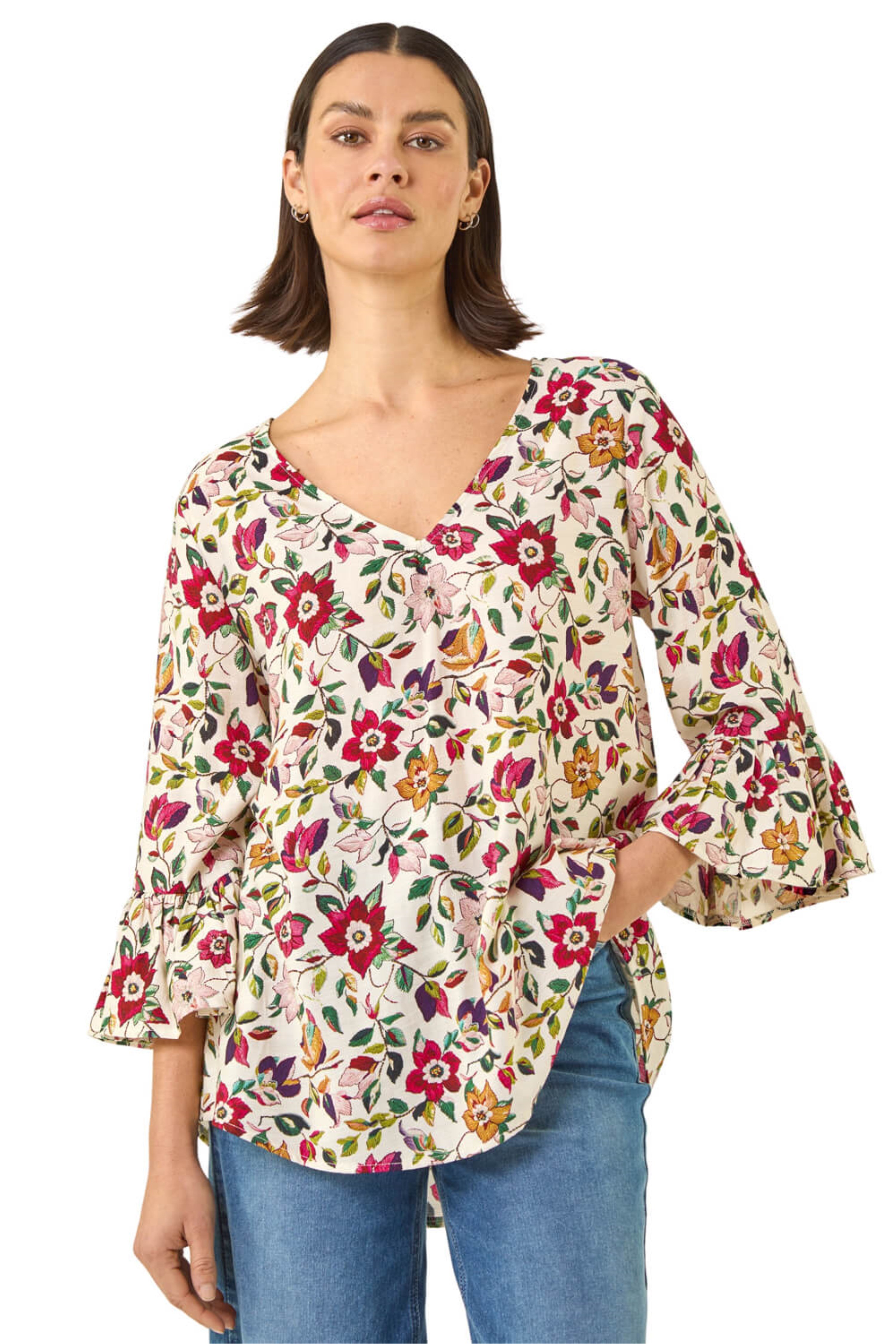 Roman Womens Floral Print Flare Sleeve Top - Red