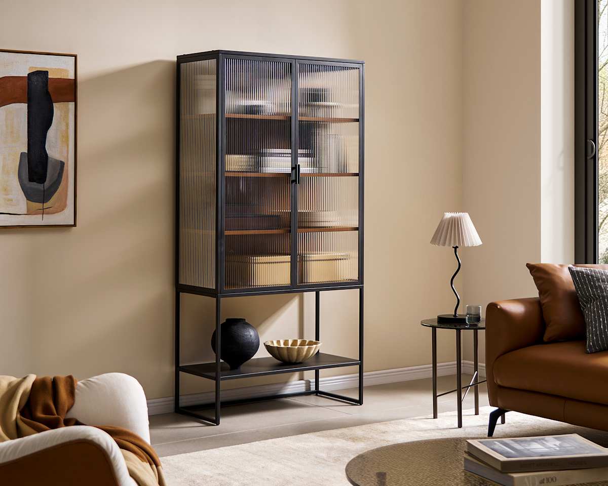 Panes Fluted Glass Tall Cabinet, Gunmetal Frame, Tempered Glass for Black