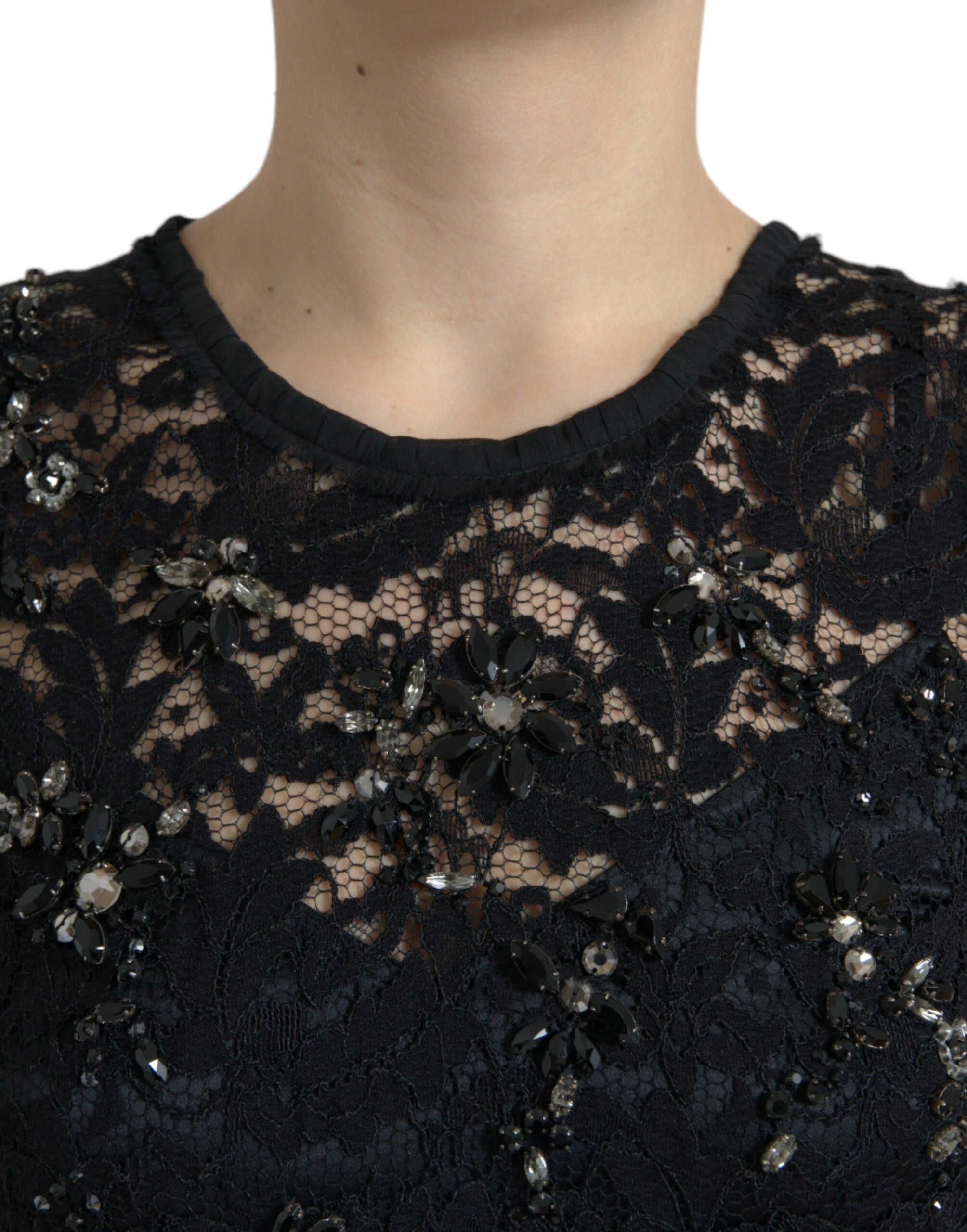 Floral Lace Crystal-Embellished Sheath Dress — Black
