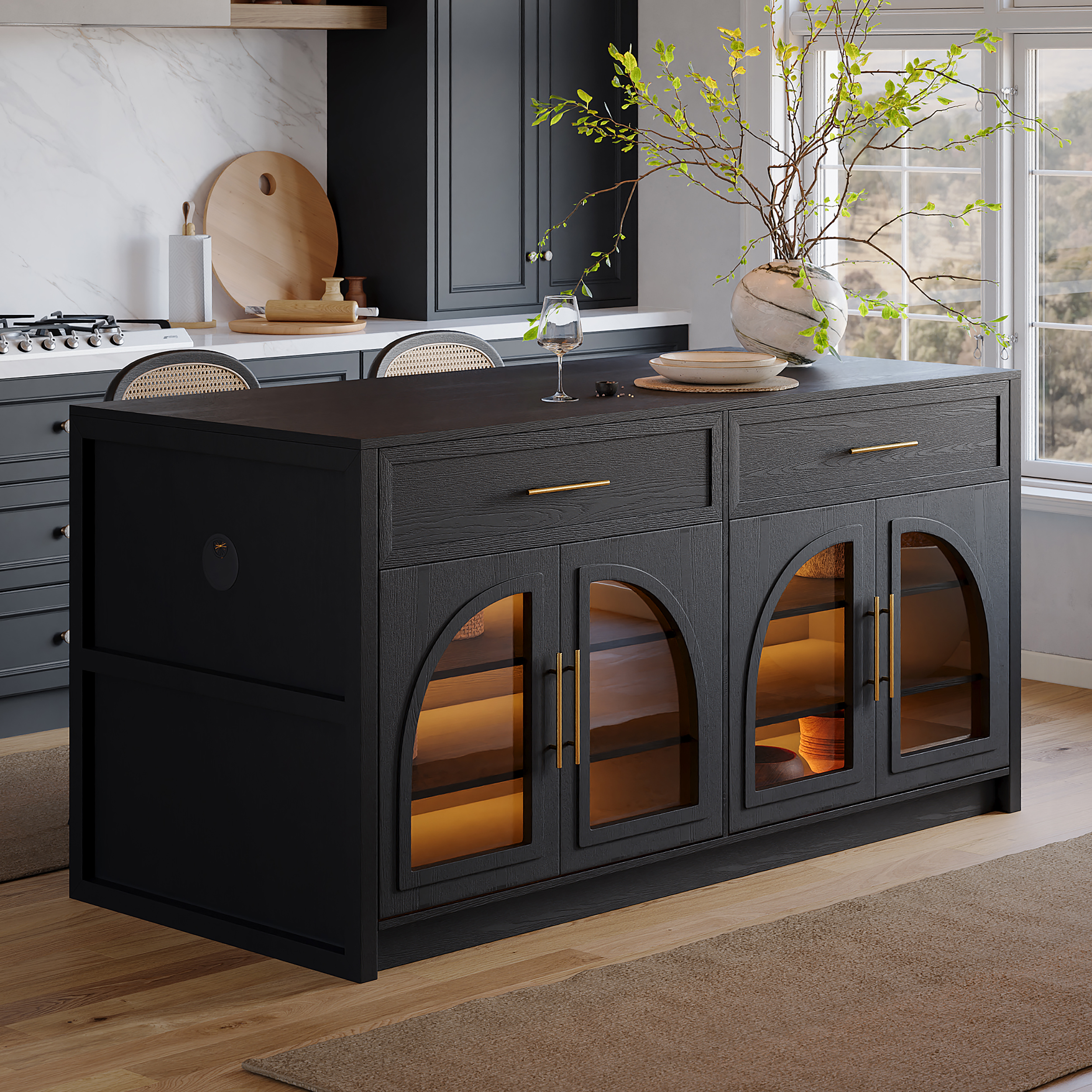 Arune 180 cm Modern Black Kitchen Island with Glass Doors, LED Light Strip， Ample Storage