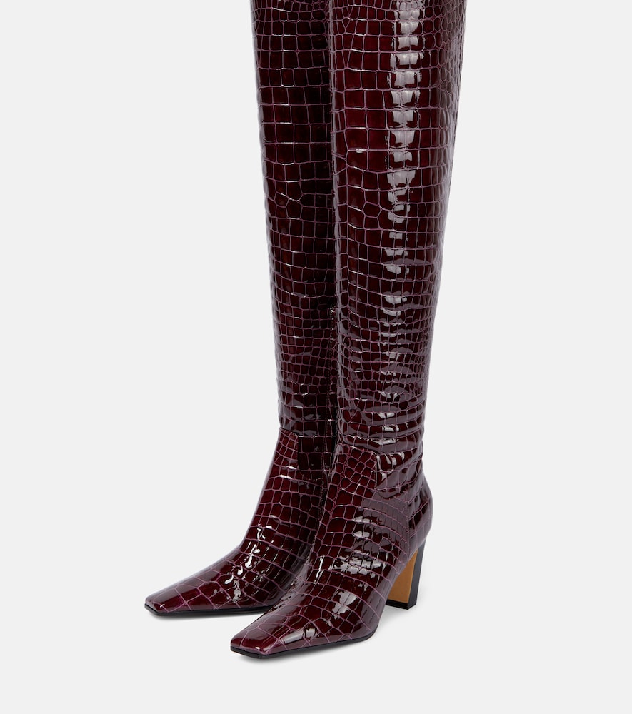 Snake-effect leather knee-high boots